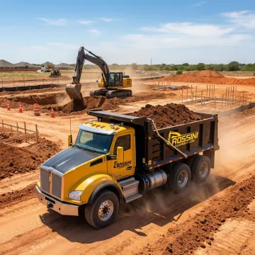 Heavy dump truck hauling excavated soil at Dallas Fort Worth construction site