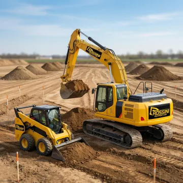 Heavy excavation equipment performing site grading work on a cleared construction lot