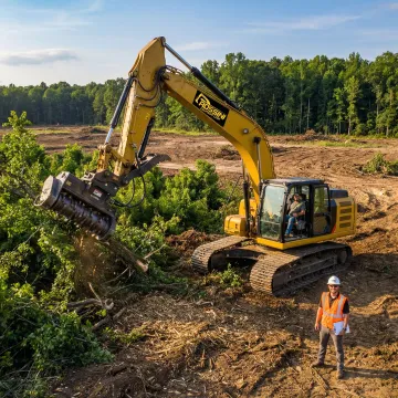 Commercial land clearing equipment working on site preparation project