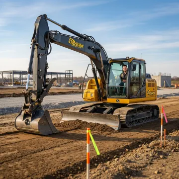 Excavator performing precision grading work on commercial development site