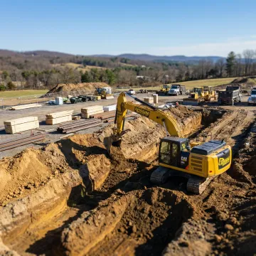 Commercial foundation excavation site with heavy equipment and operator