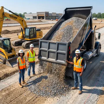 Crew coordinating stone delivery and hauling