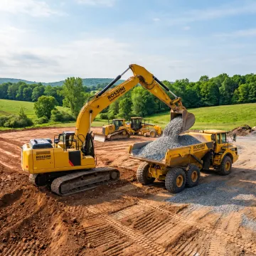 Excavator and dump truck on a stone hauling job site