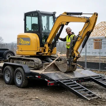 Compact excavator being delivered to a jobsite