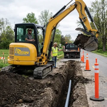 Excavator performing utility trenching