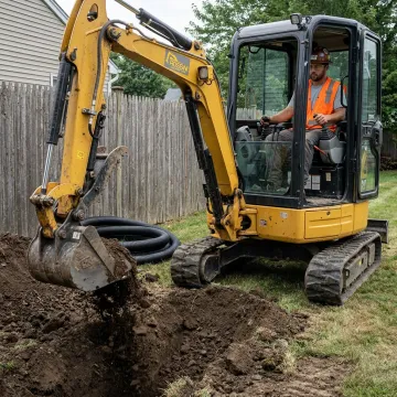 Mini excavator on landscaping project