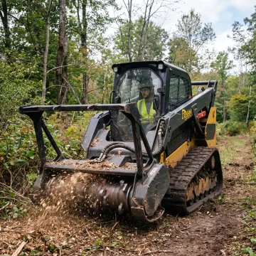 Skid steer mulcher clearing dense brush