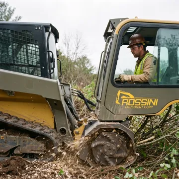 Operator using skid steer mulcher on overgrown land