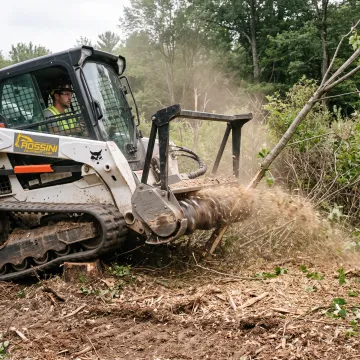 Skid steer mulcher clearing dense brush