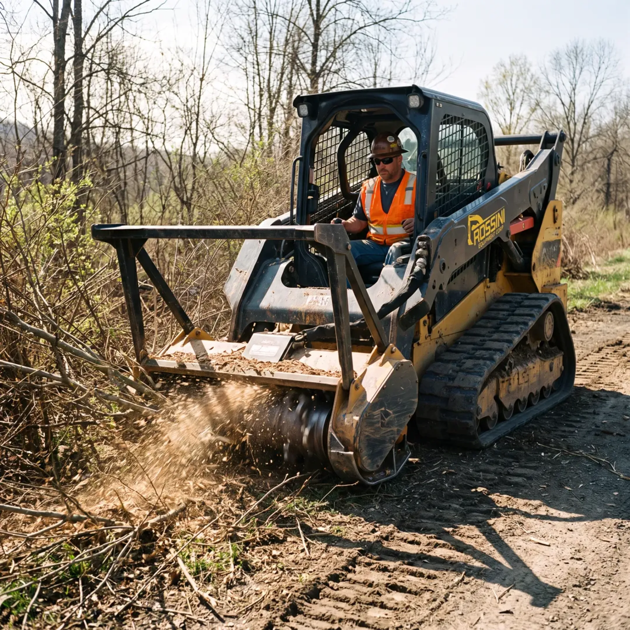 Operator using skid steer mulcher on brush