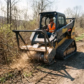 Operator using skid steer mulcher on brush