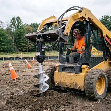 Operator using a skid steer auger on a jobsite