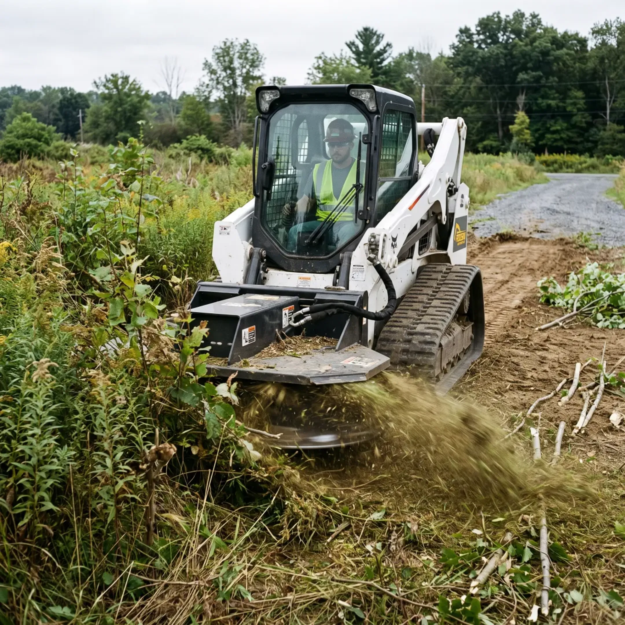 Brush cutter clearing an overgrown lot