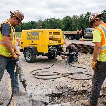Crew using pneumatic tools with an air compressor