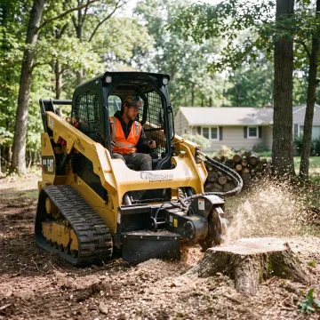 Skid steer operating a stump grinder attachment