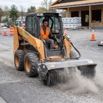 Skid steer operating a sweeper broom attachment