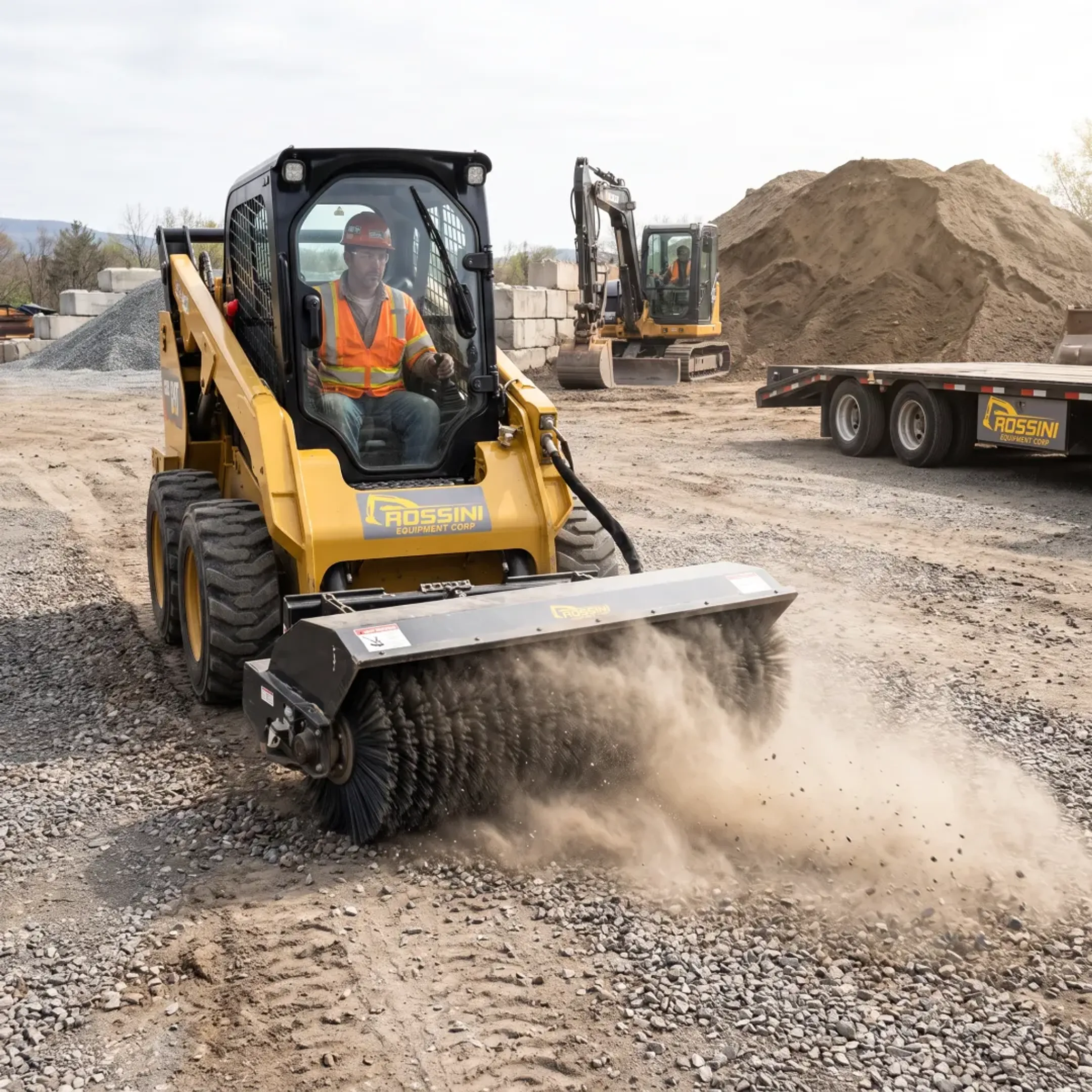 Contractor cleaning a work area with a skid steer broom