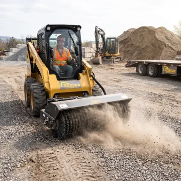 Contractor cleaning a work area with a skid steer broom