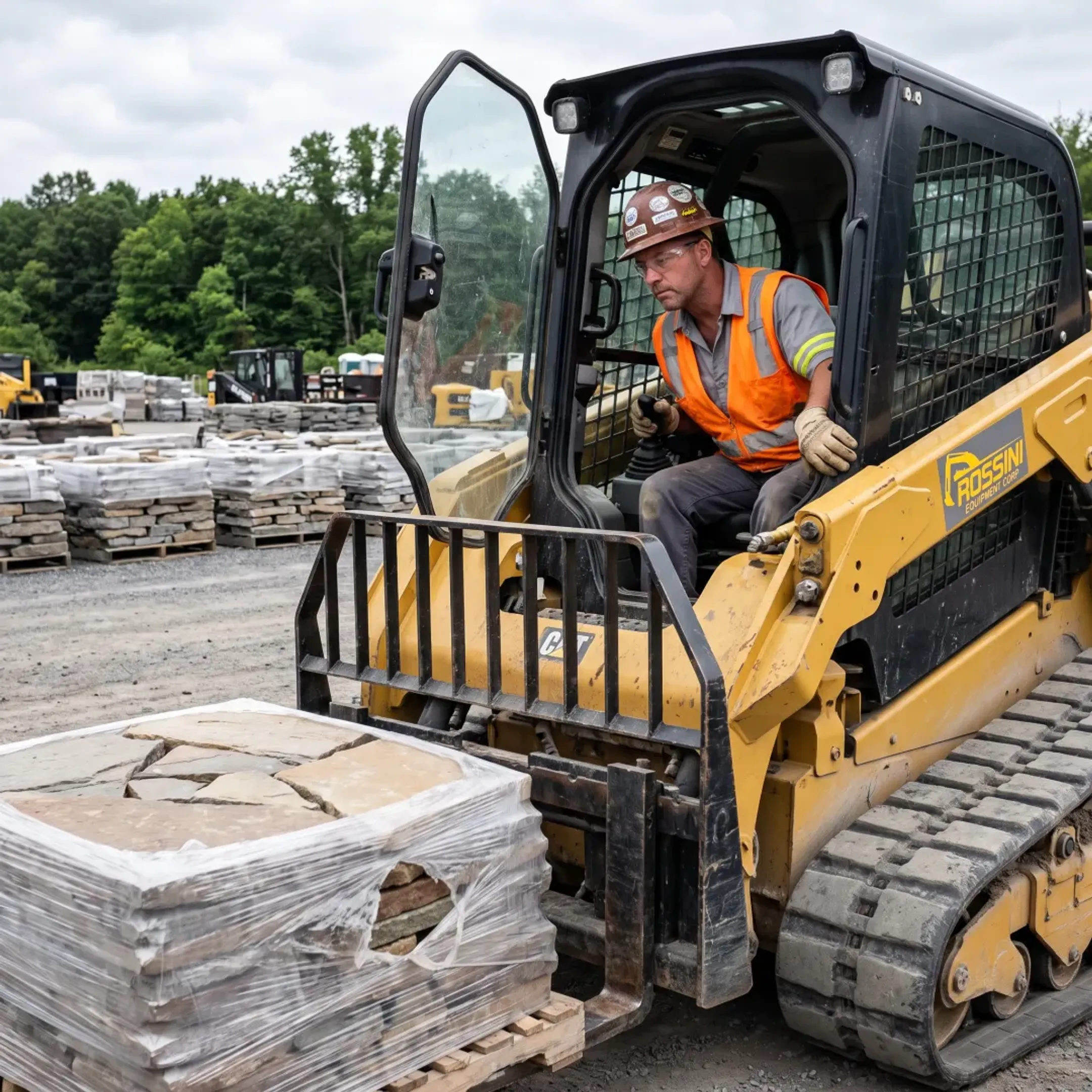 Operator positioning tractor bucket forks beneath a pallet