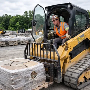 Operator positioning tractor bucket forks beneath a pallet