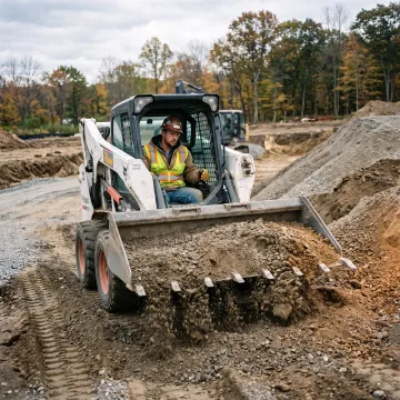 Operator using a toothed skid steer bucket