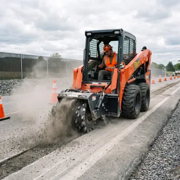 Skid steer cold planer milling an asphalt surface