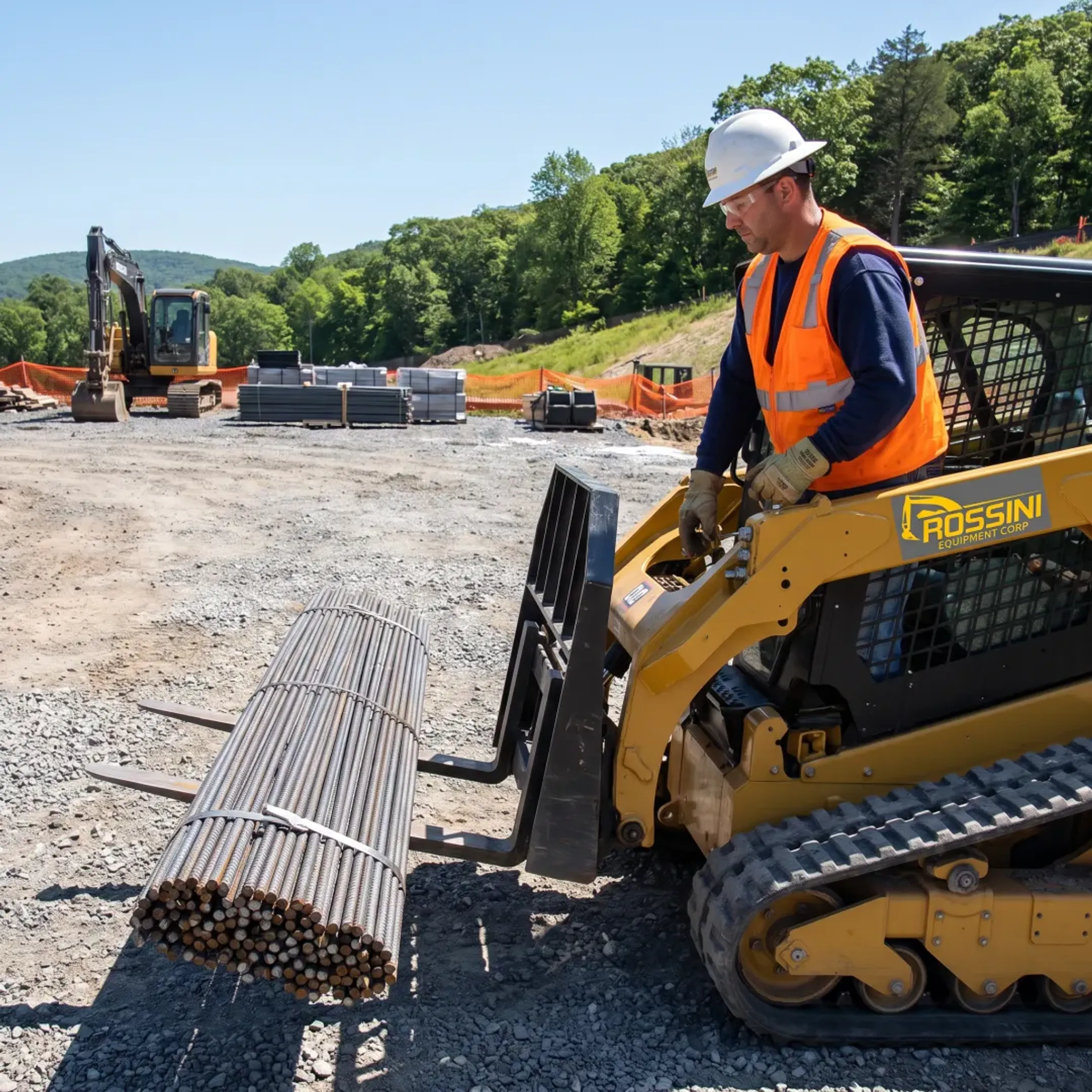 Equipment operator using forklift forks at a jobsite