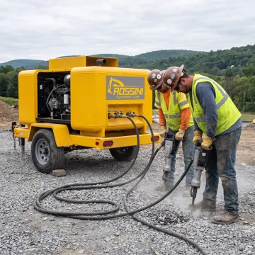 Crew using a towable diesel compressor
