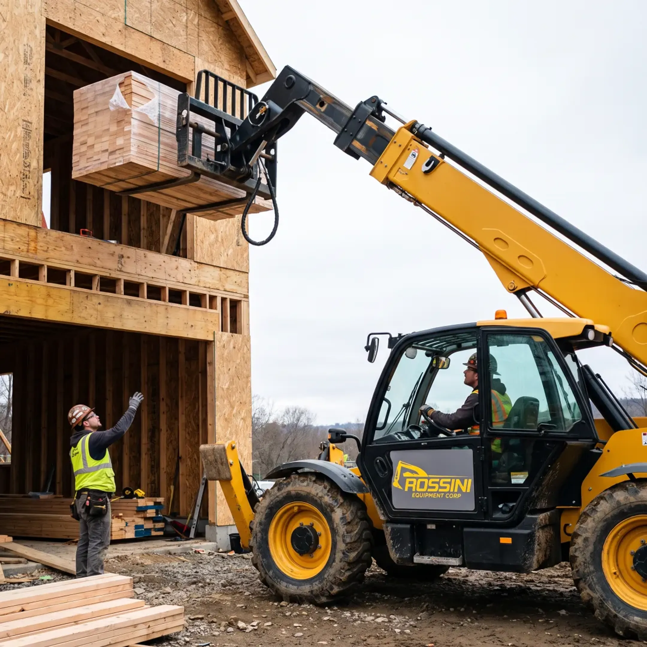Telehandler placing materials at an elevated work area