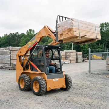 Skid steer moving palletized materials with pallet forks