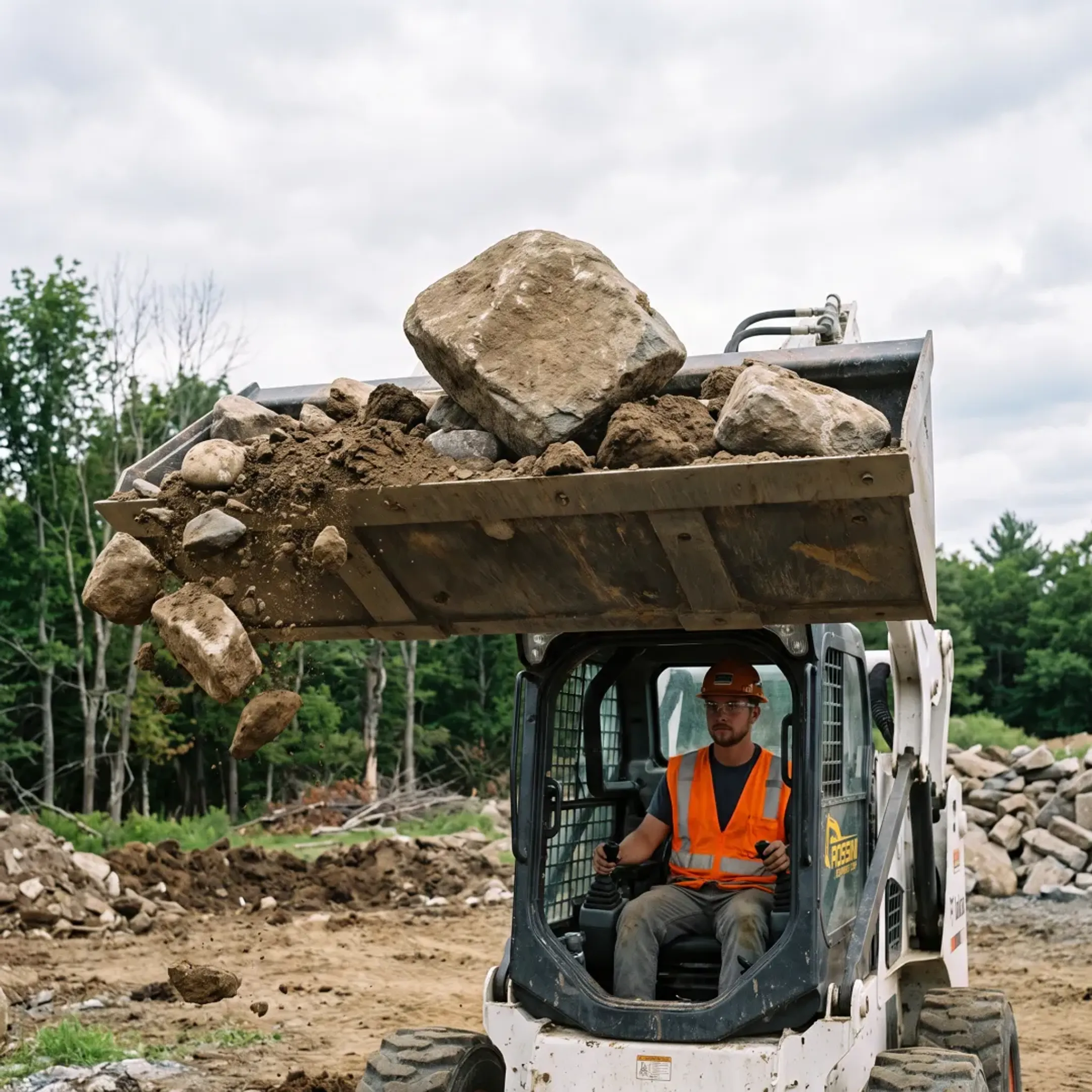 Rock bucket attachment loading fieldstone
