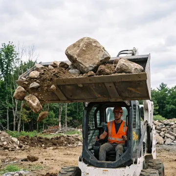 Rock bucket attachment loading fieldstone