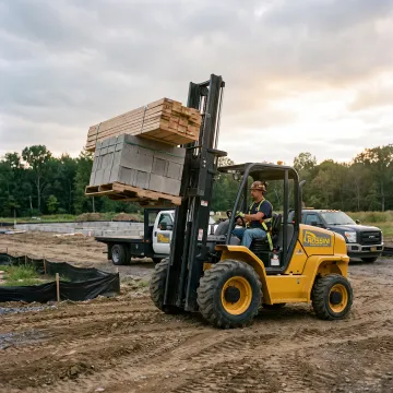 Forklift moving palletized materials at a jobsite