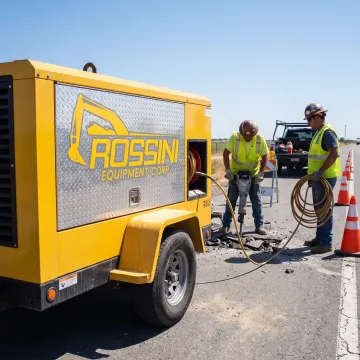 Towable air compressor at an active jobsite