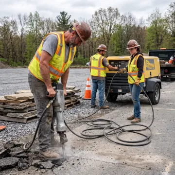 Crew using pneumatic tools with air compressor