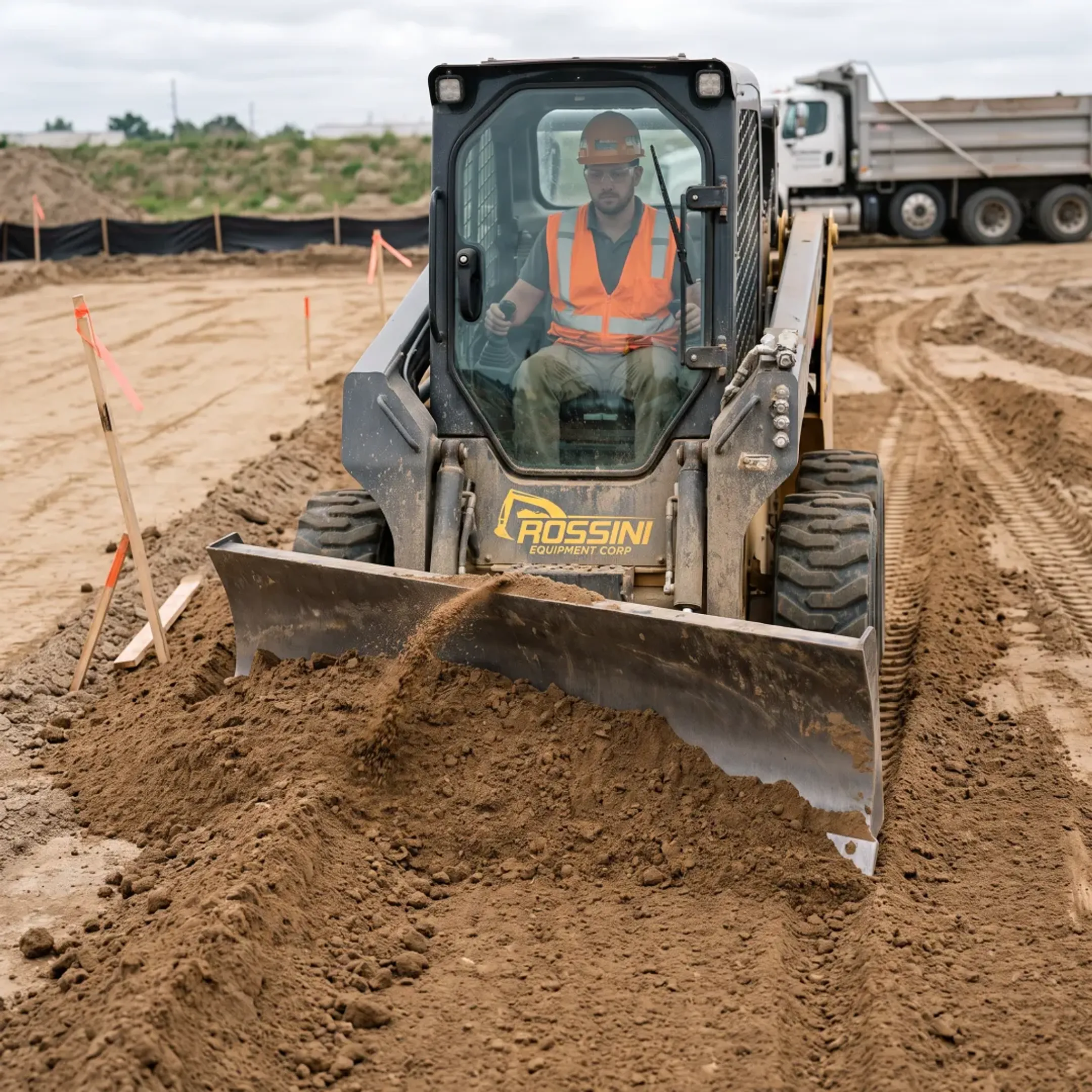 Operator grading soil with a skid steer dozer blade