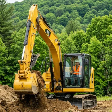 Construction crew operating rented excavator equipment on Sullivan County site