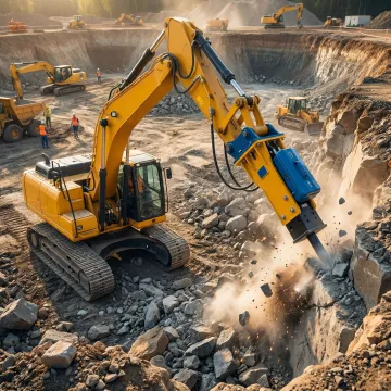 Heavy excavator breaking rock on construction site in Sullivan County NY