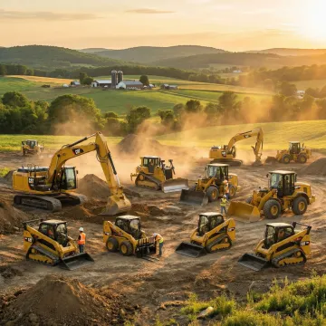 Heavy construction equipment including excavators and skid steers at a Sullivan County jobsite