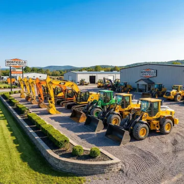 Modern excavator and construction equipment fleet maintained at Rossini Equipment Corp yard