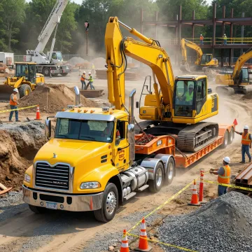 Construction equipment rental delivery truck transporting excavator to jobsite