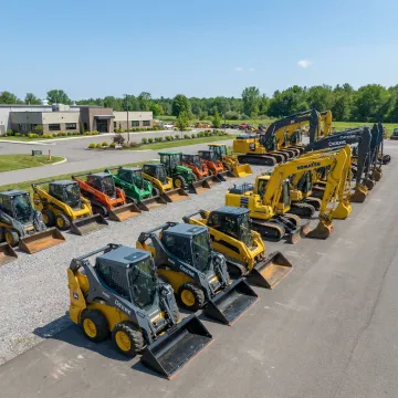 Heavy construction equipment including excavators and skid steers ready for rental