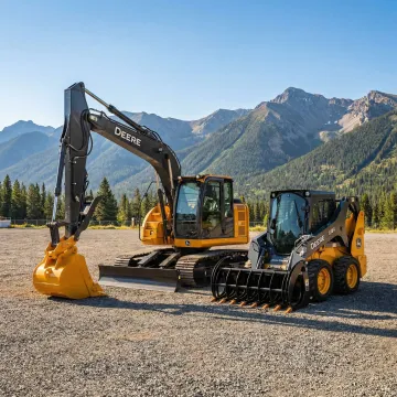 Heavy construction equipment including excavators and skid steers ready for rental