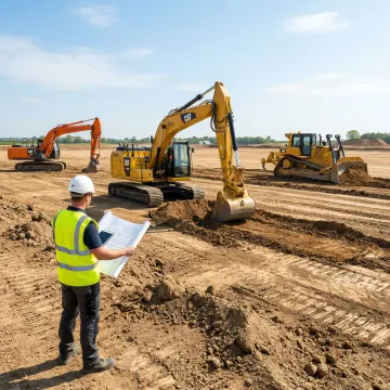 Excavation crew preparing commercial building site with grading equipment