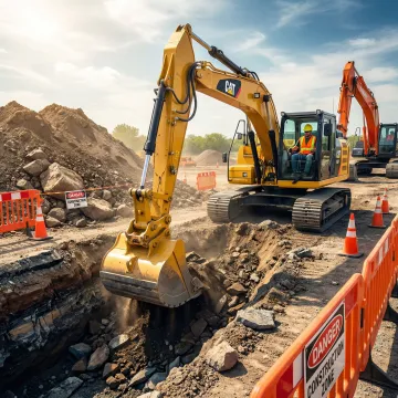 Heavy excavator performing foundation excavation at construction site