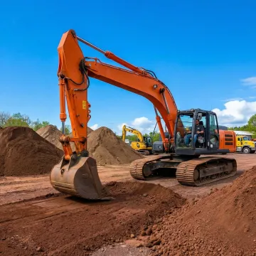 Professional excavation crew operating heavy equipment at construction site