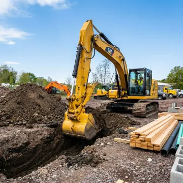 Heavy excavator performing foundation excavation work at commercial construction site