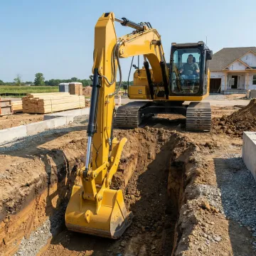 Heavy excavator digging foundation trench for new construction project