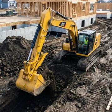 Professional excavator digging foundation for new construction in Warwick