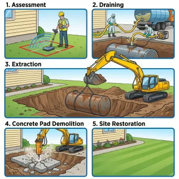 Step-by-step above ground oil tank removal process showing equipment and safety procedures
